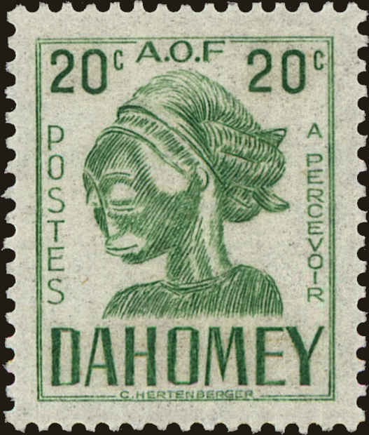Front view of Dahomey J28C collectors stamp
